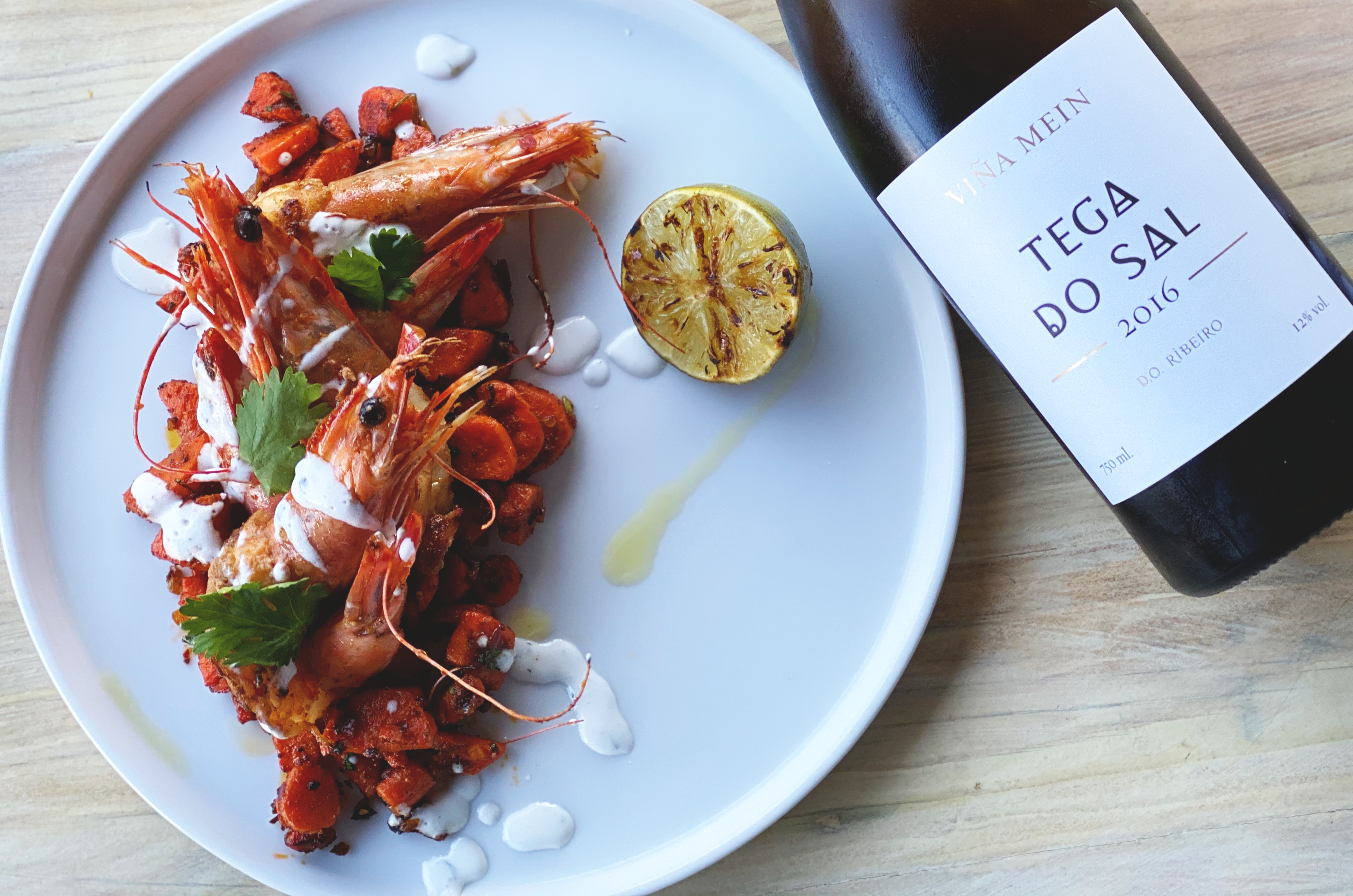 Barsha plated prawns and wine